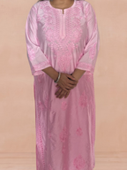 Chanderi Silk Chikankari Women's Straight Long Kurta - Light Pink