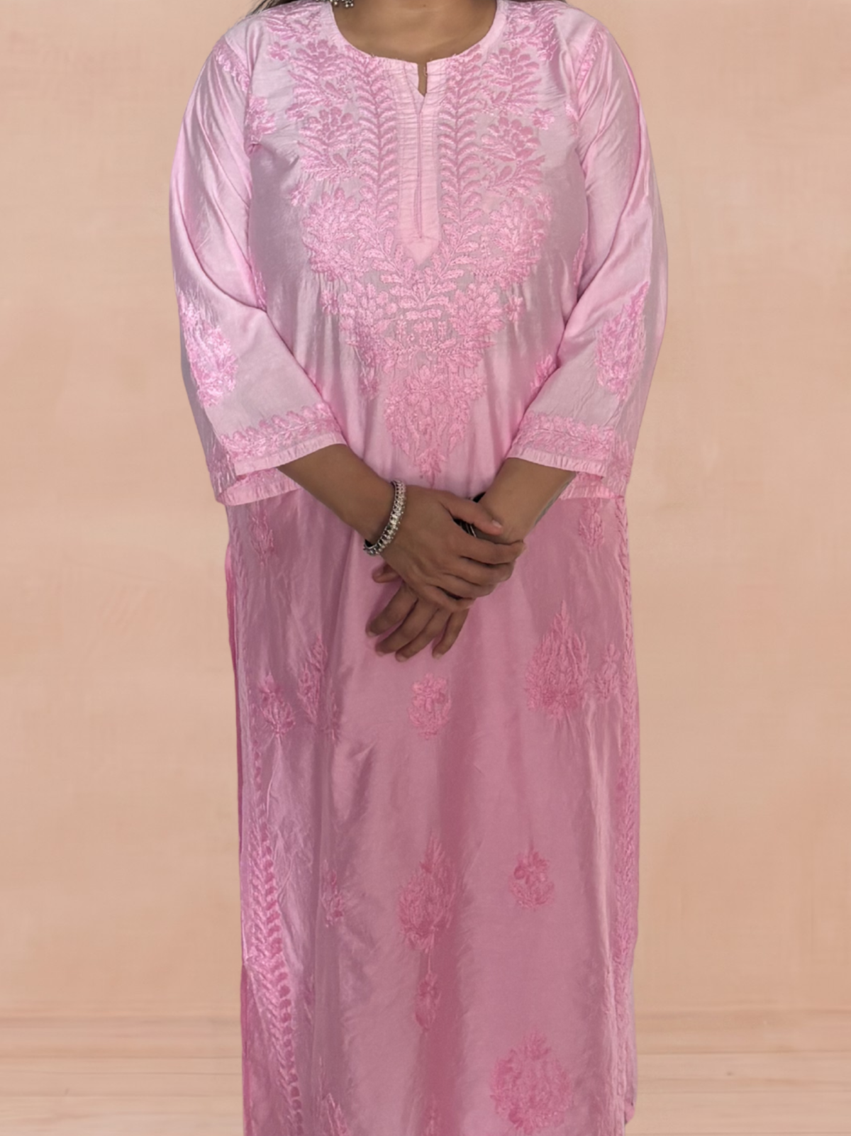 Chanderi Silk Chikankari Women's Straight Long Kurta - Light Pink