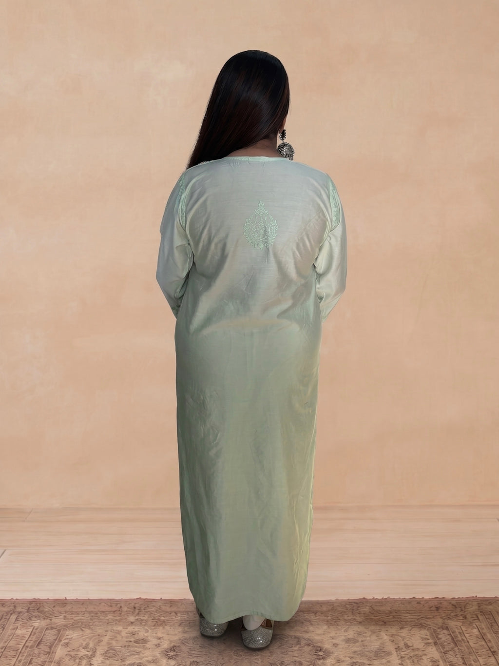 Chanderi Silk Chikankari Women's Straight Long Kurta - Pastel Green