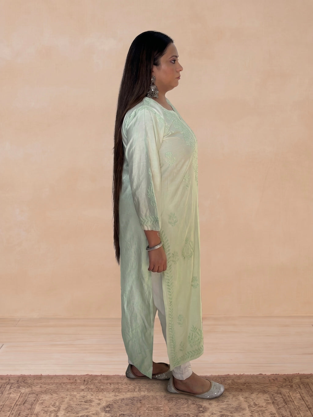 Chanderi Silk Chikankari Women's Straight Long Kurta - Pastel Green