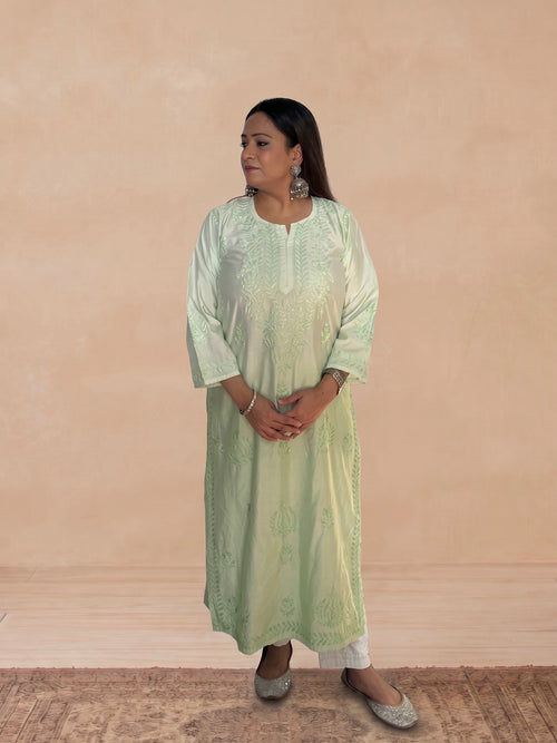 Chanderi Silk Chikankari Women's Straight Long Kurta - Pastel Green