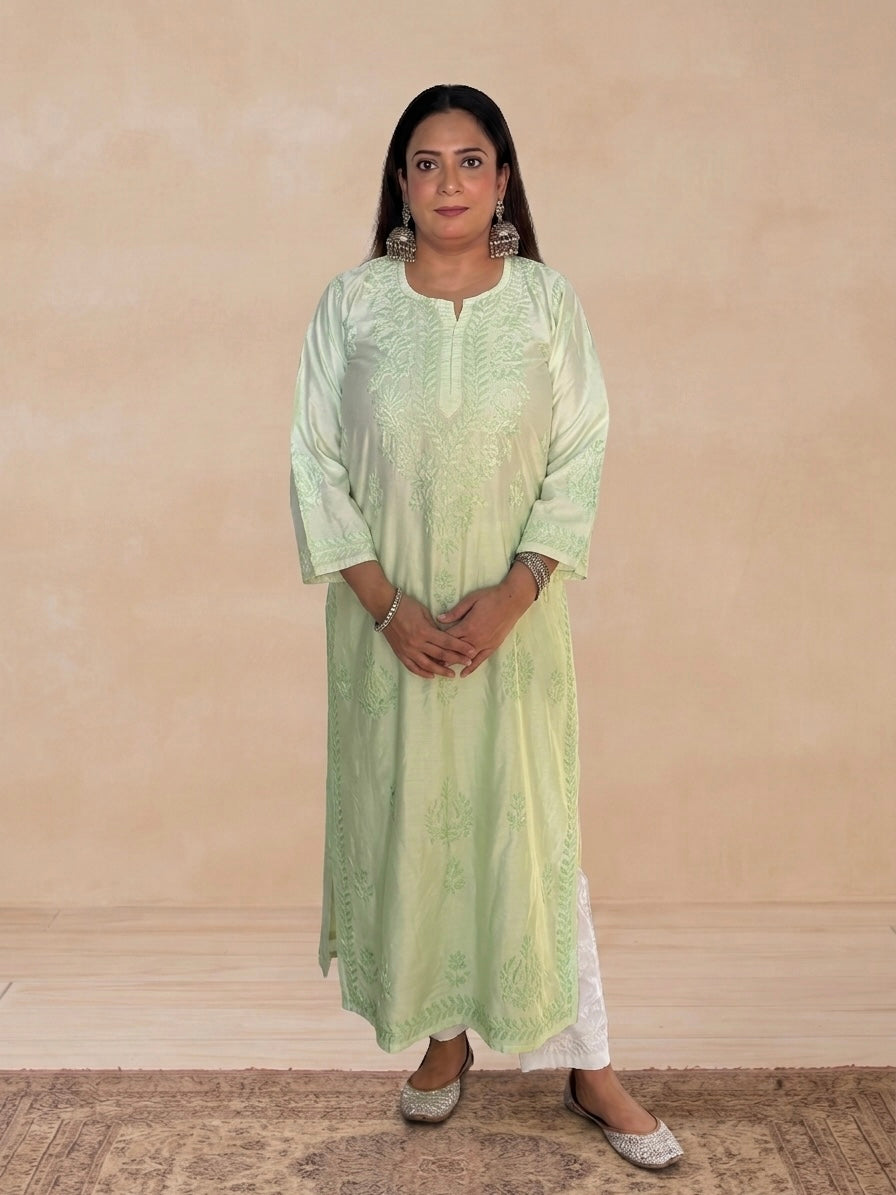 Chanderi Silk Chikankari Women's Straight Long Kurta - Pastel Green