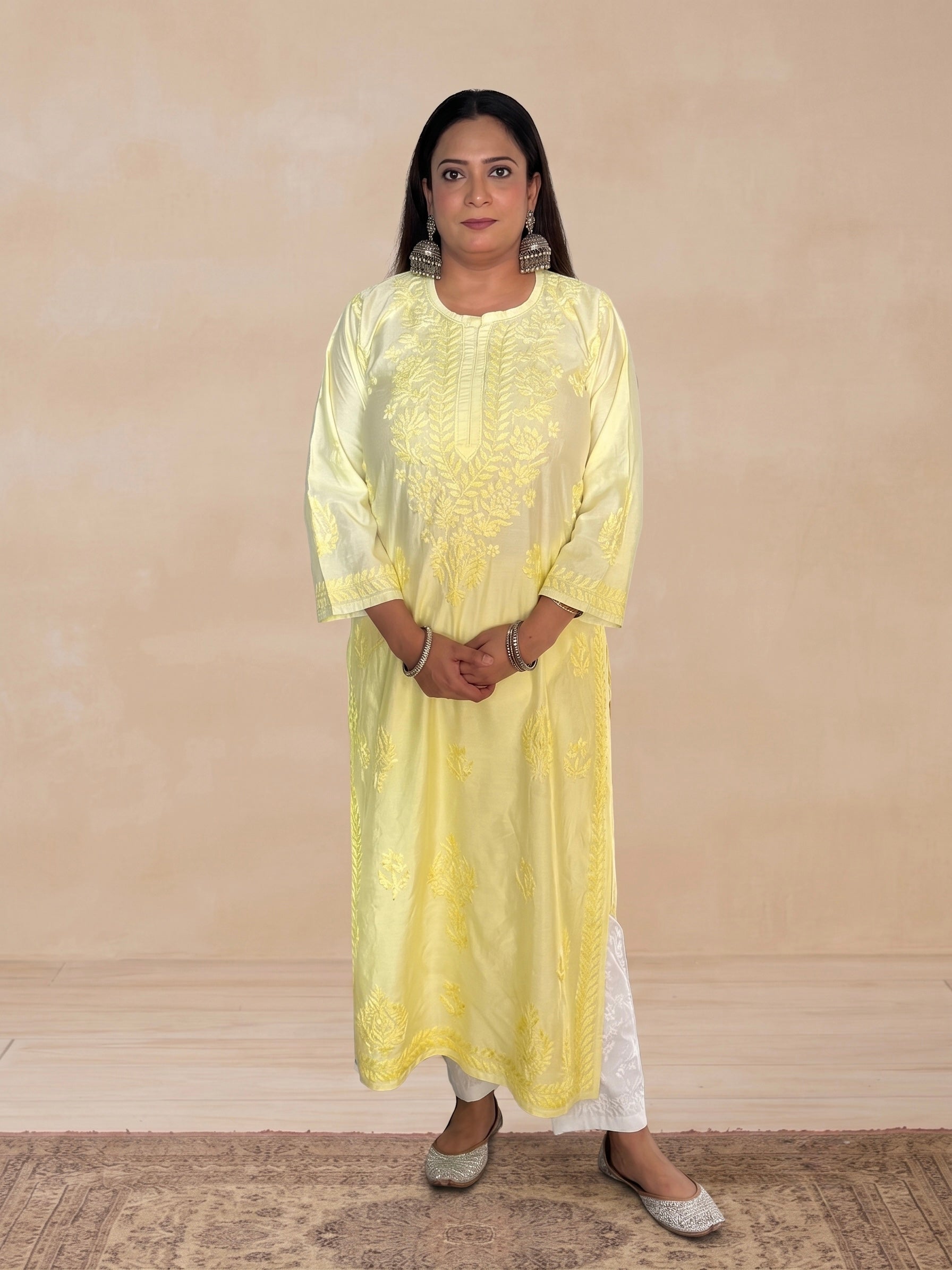 Chanderi Silk Chikankari Women's Straight Long Kurta - Soft Yellow