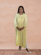 Chanderi Silk Chikankari Women's Straight Long Kurta - Soft Yellow