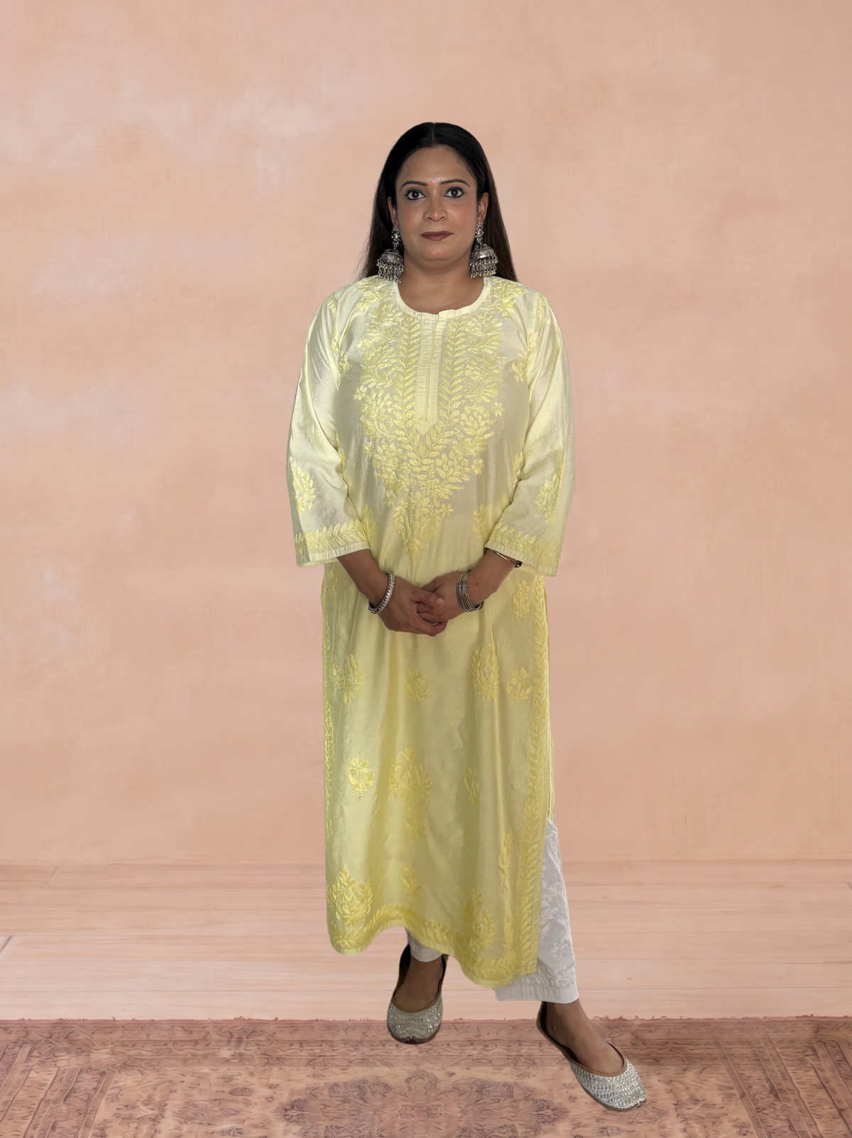Chanderi Silk Chikankari Women's Straight Long Kurta - Soft Yellow