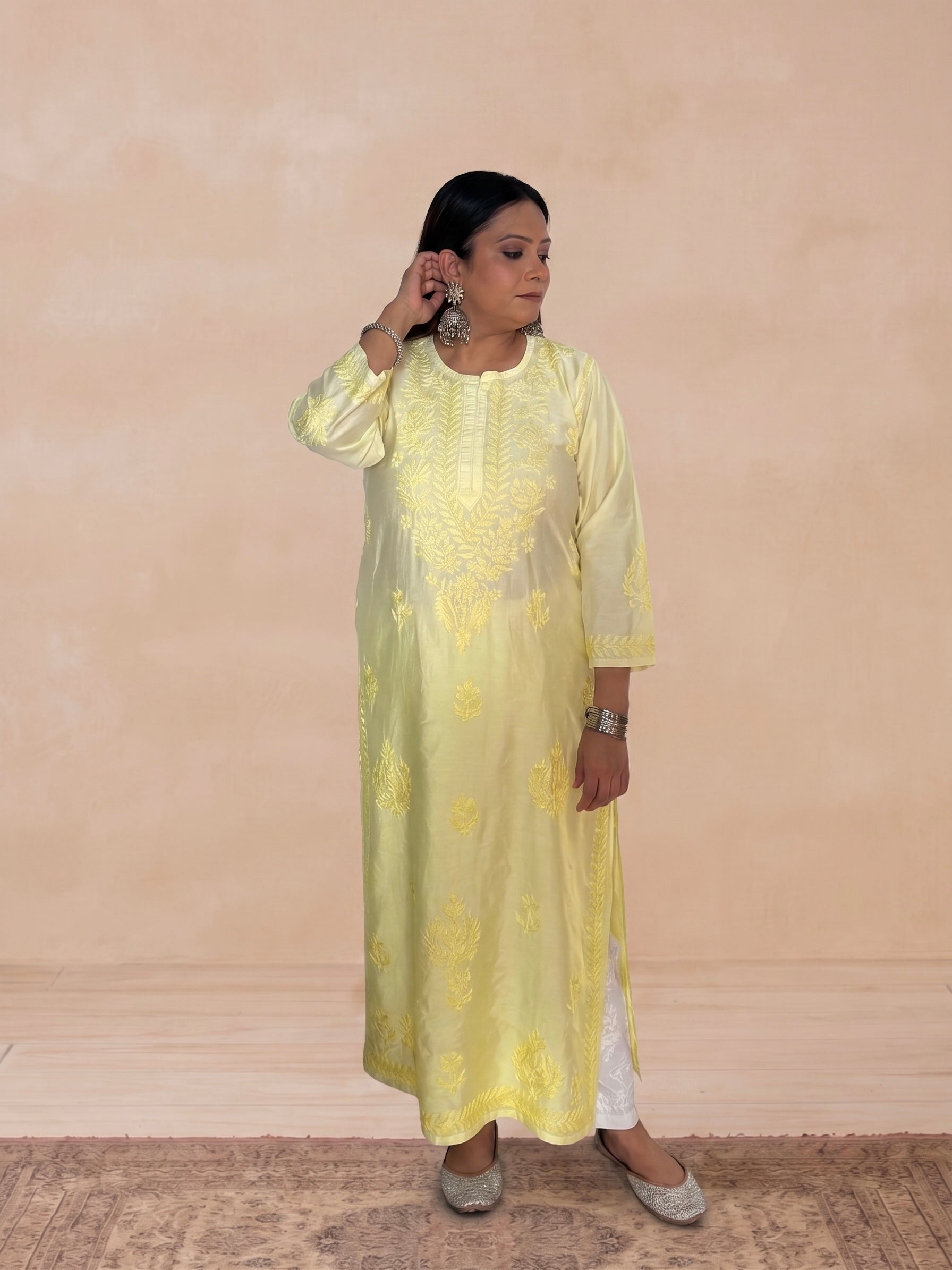 Chanderi Silk Chikankari Women's Straight Long Kurta - Soft Yellow