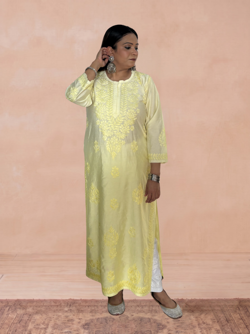 Chanderi Silk Chikankari Women's Straight Long Kurta - Soft Yellow