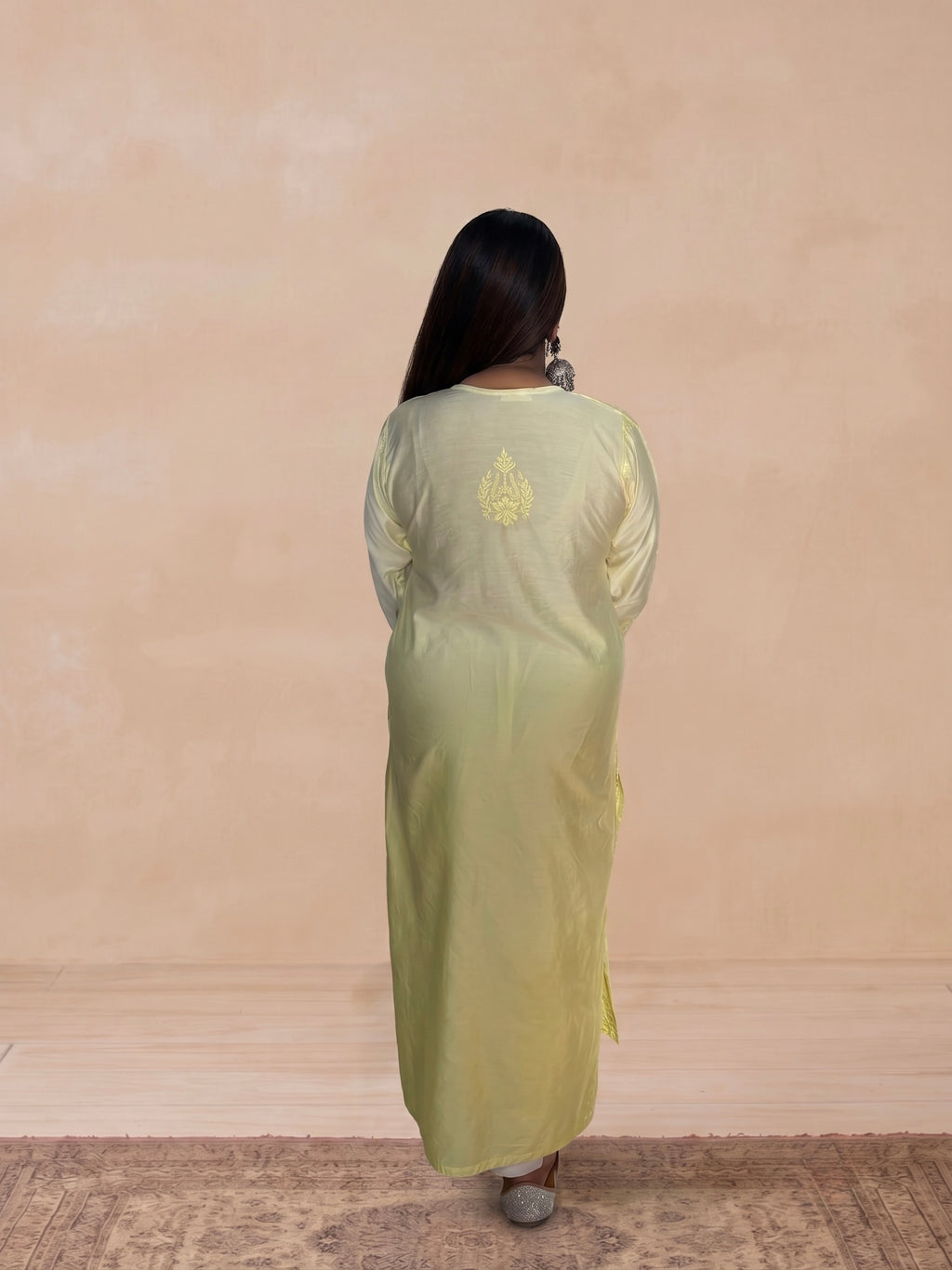 Chanderi Silk Chikankari Women's Straight Long Kurta - Soft Yellow