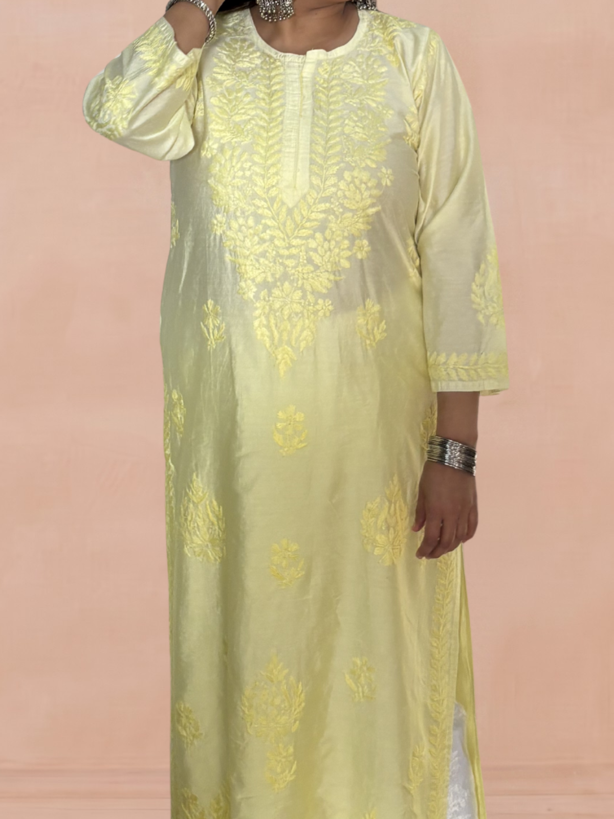 Chanderi Silk Chikankari Women's Straight Long Kurta - Soft Yellow
