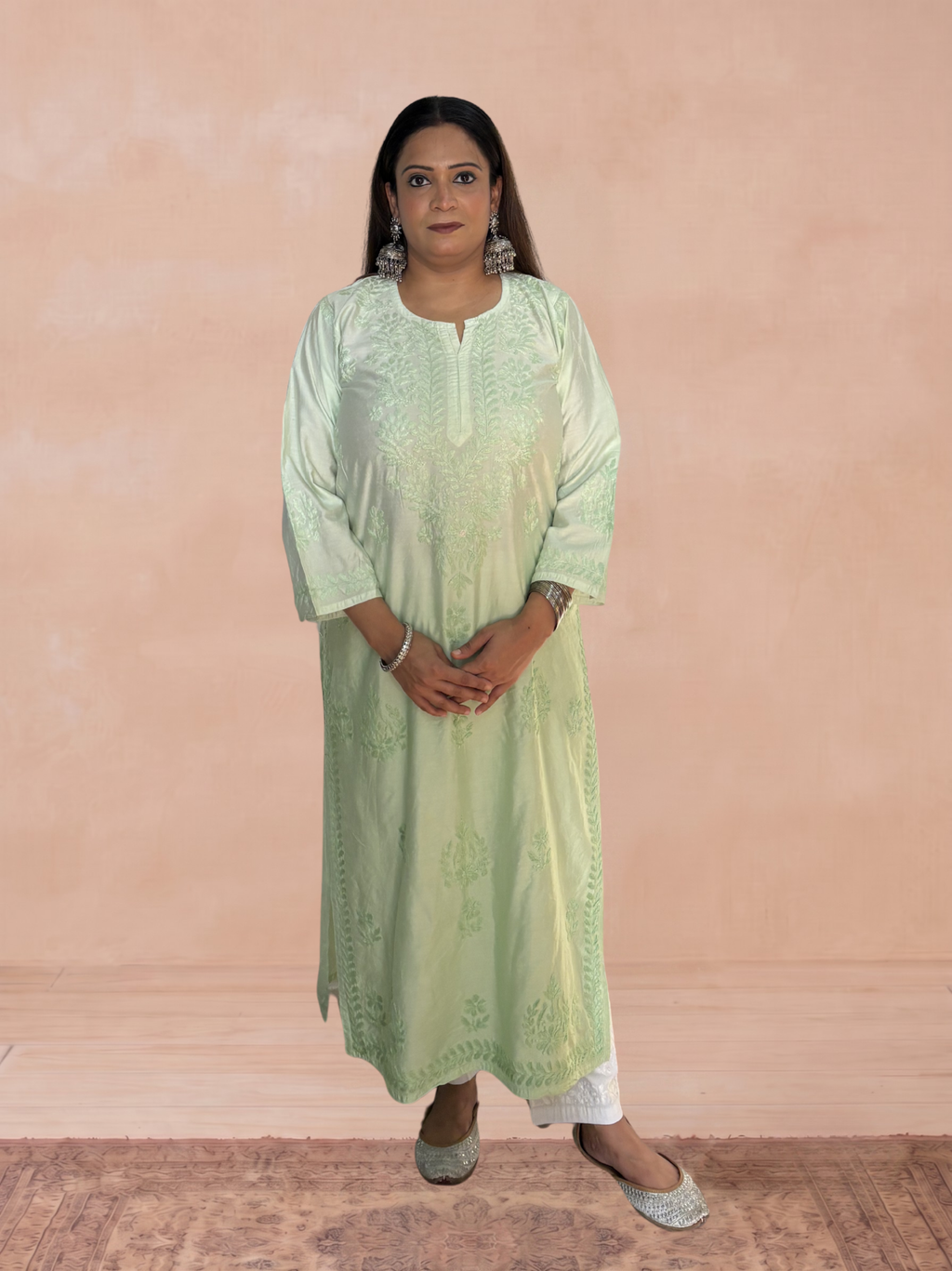 Chanderi Silk Chikankari Women's Straight Long Kurta - Pastel Green