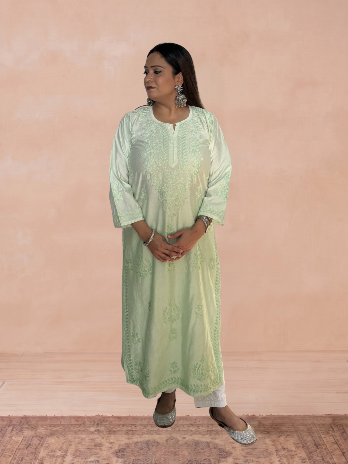 Chanderi Silk Chikankari Women's Straight Long Kurta - Pastel Green