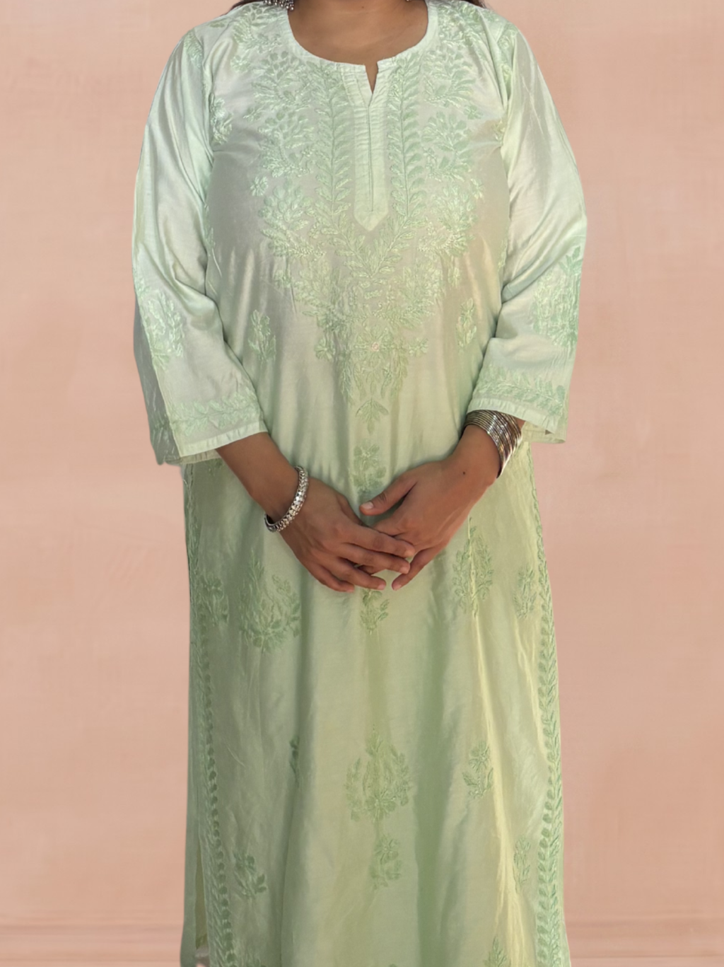 Chanderi Silk Chikankari Women's Straight Long Kurta - Pastel Green