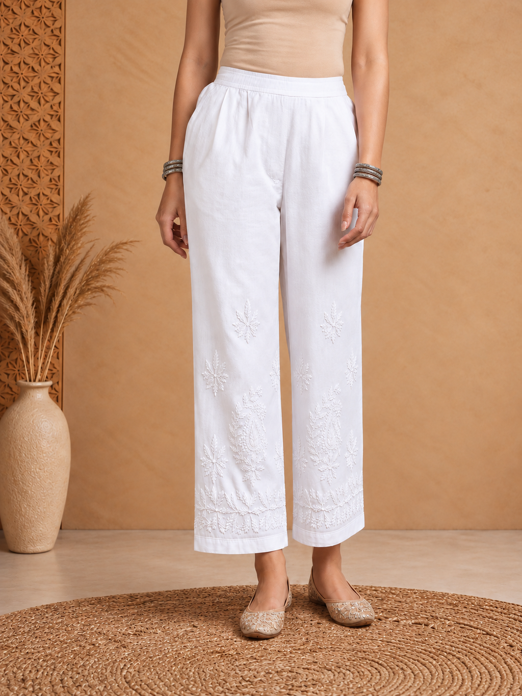 Rayon Chikankari Solid Women's Palazzo - White