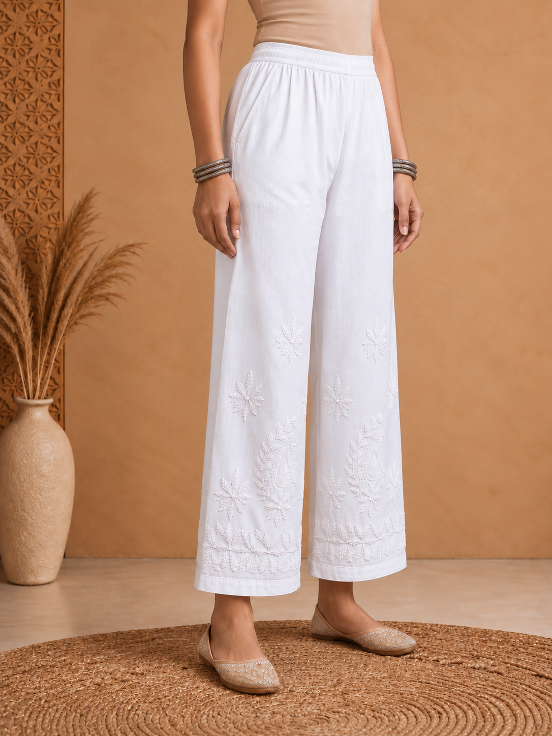 Rayon Chikankari Solid Women's Palazzo - White