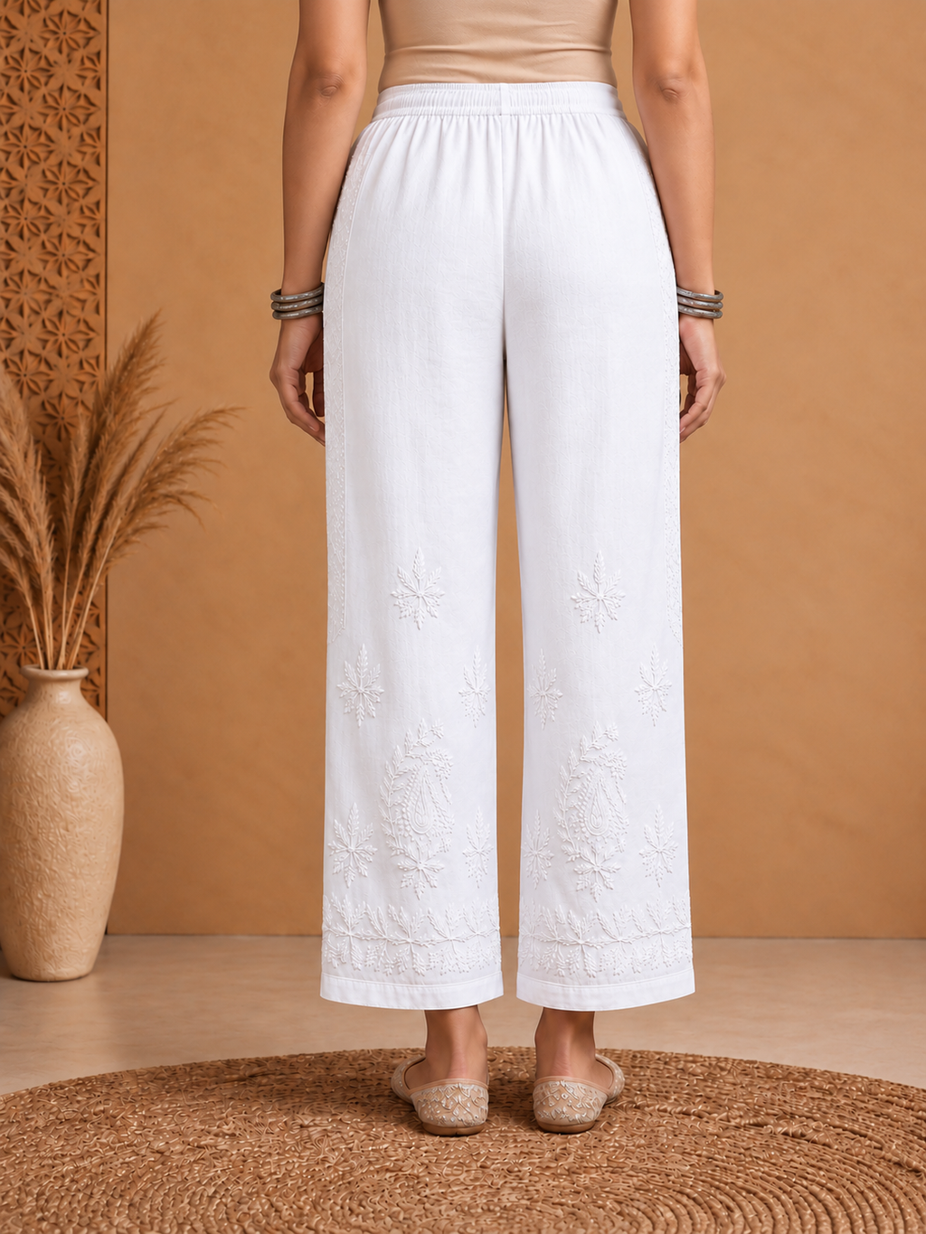 Rayon Chikankari Solid Women's Palazzo - White