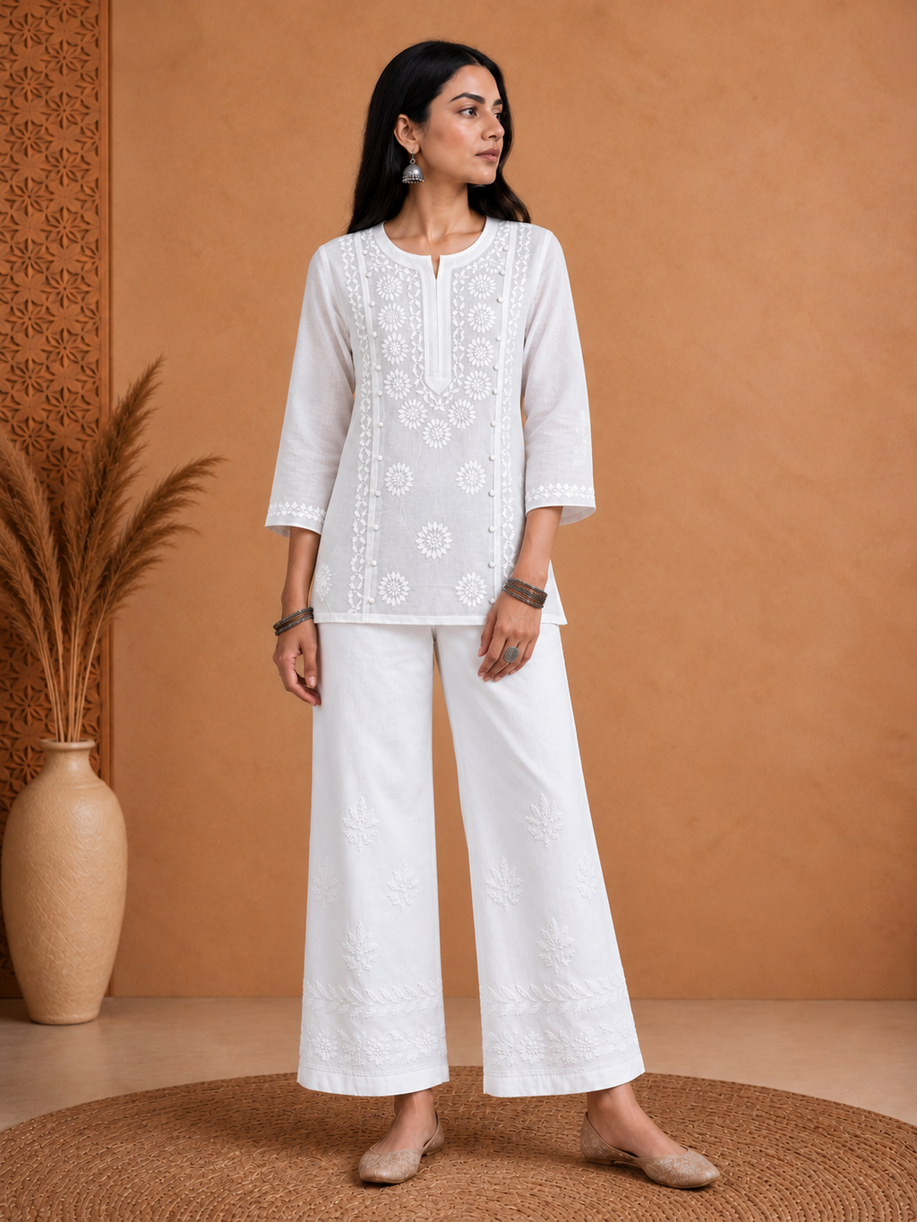 Chikankari Solid Women's Loopi Design 2 PC Co-ord Set - White