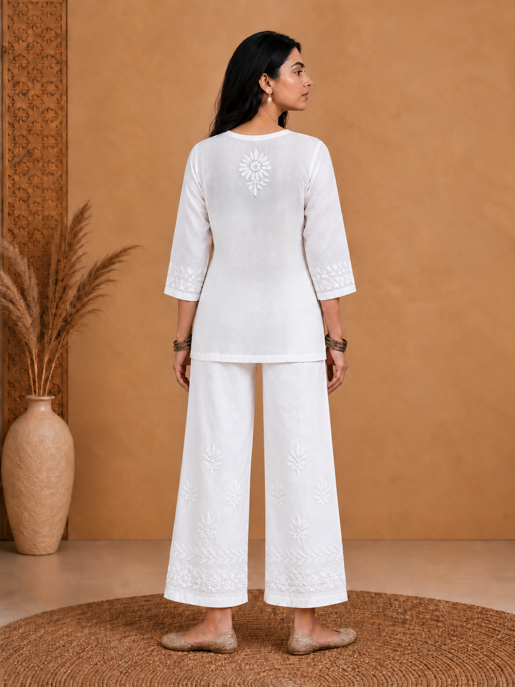 Chikankari Solid Women's Loopi Design 2 PC Co-ord Set - White