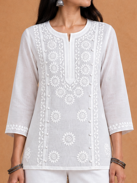Chikankari Solid Women's Loopi Design 2 PC Co-ord Set - White