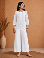 Chikankari Solid Women's Loopi Design 2 PC Co-ord Set - White