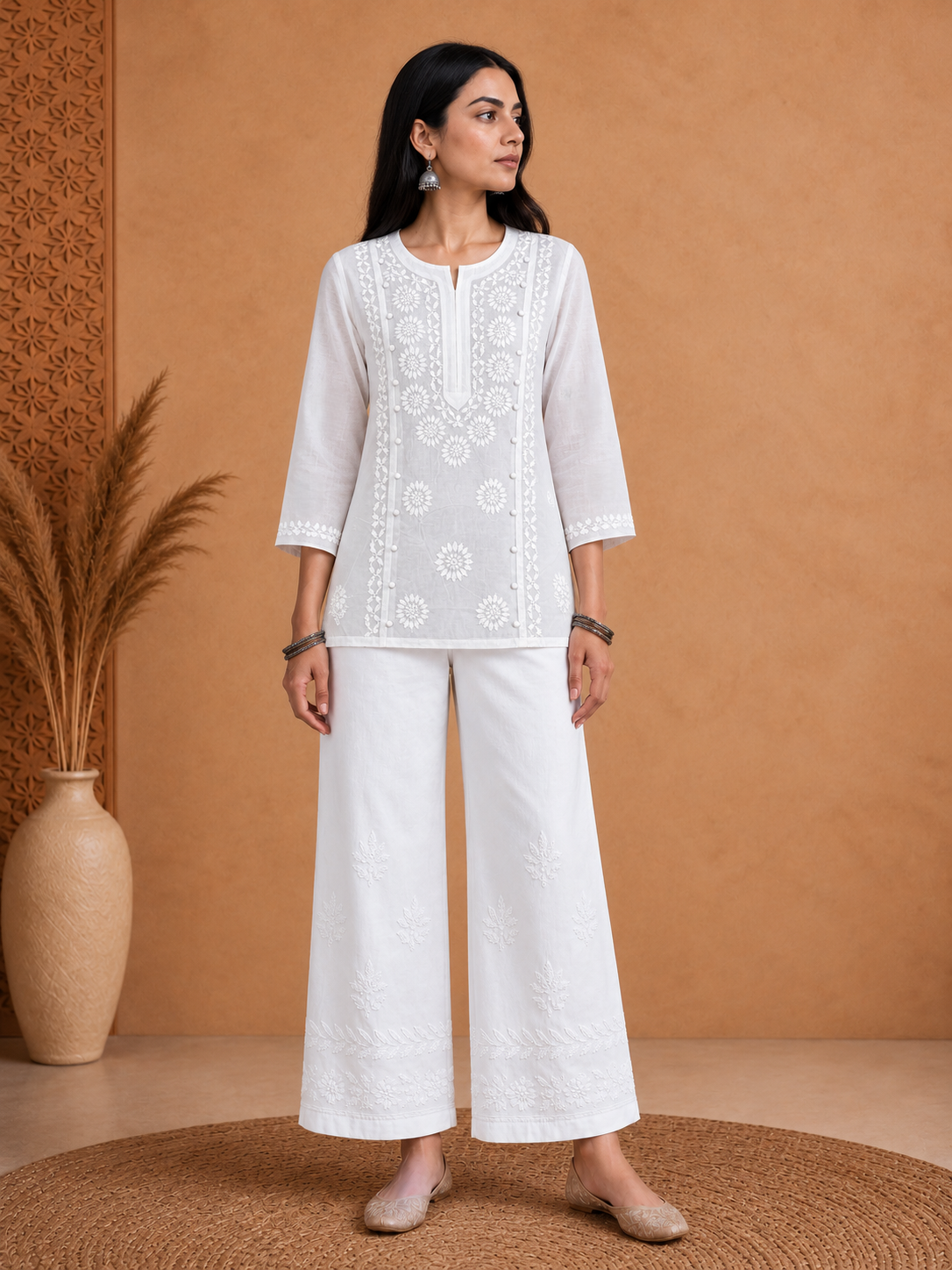 Chikankari Solid Women's Loopi Design 2 PC Co-ord Set - White