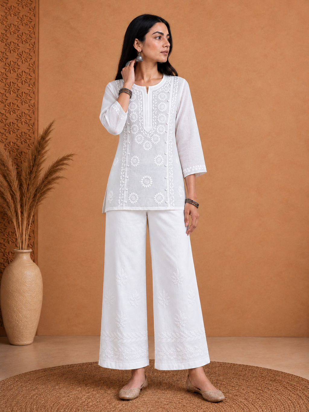 Chikankari Solid Women's Loopi Design 2 PC Co-ord Set - White