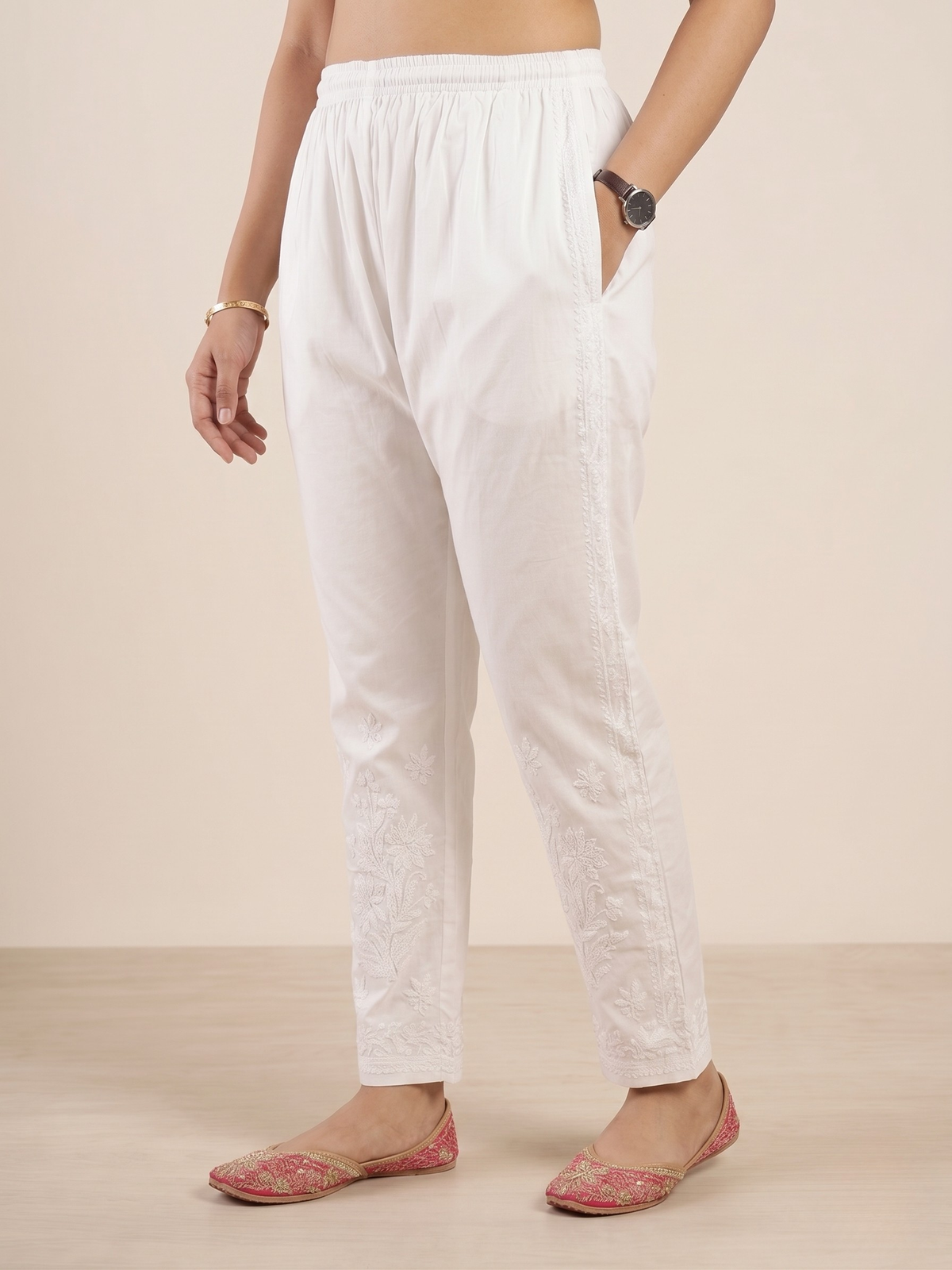 Cotton Chikankari Solid Women's Pant - White