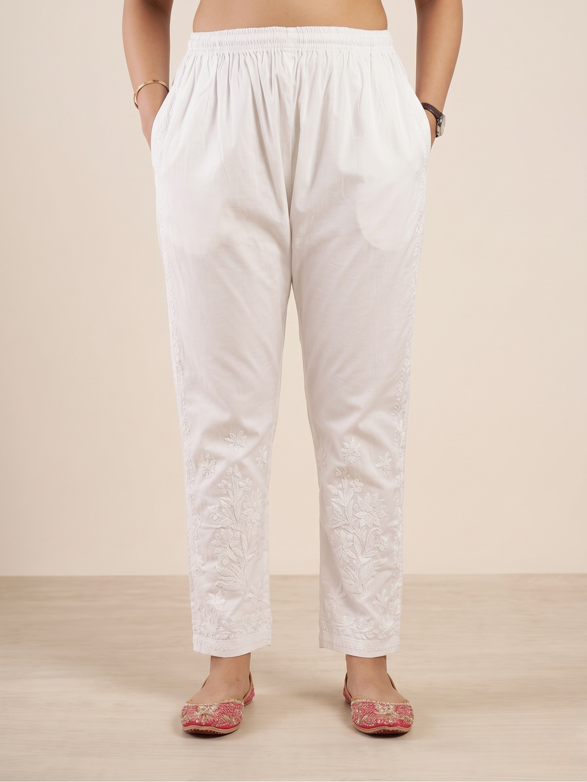 Cotton Chikankari Solid Women's Pant - White