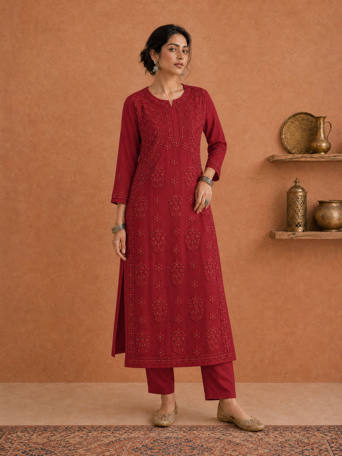Buy Maroon Utsav Georgette Chikankari Long Kurti