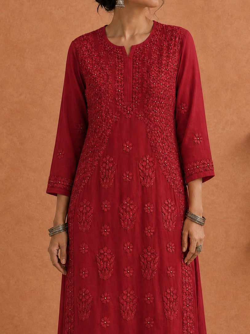Buy Maroon Utsav Georgette Chikankari Long Kurti