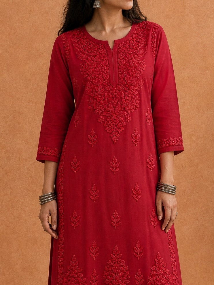 Buy Red Rangat Rayon Chikankari Kurta Set