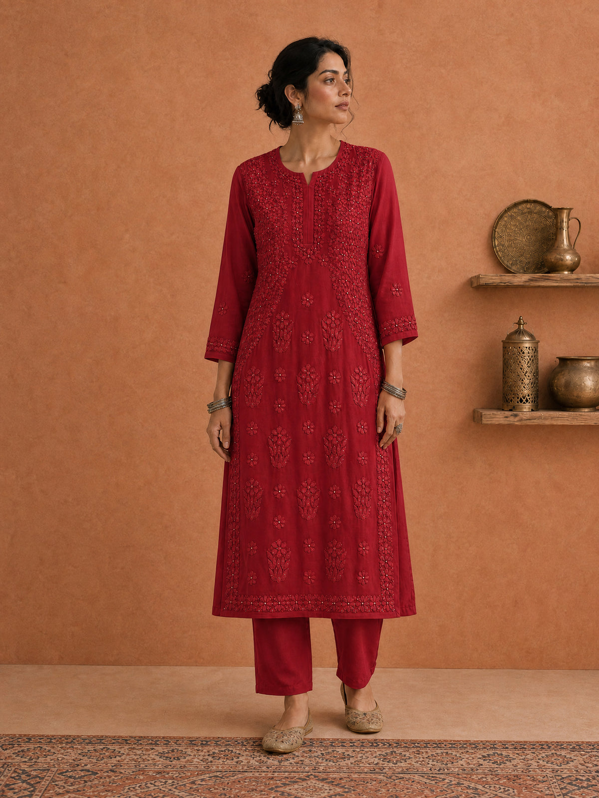 Buy Maroon Utsav Georgette Chikankari Long Kurti