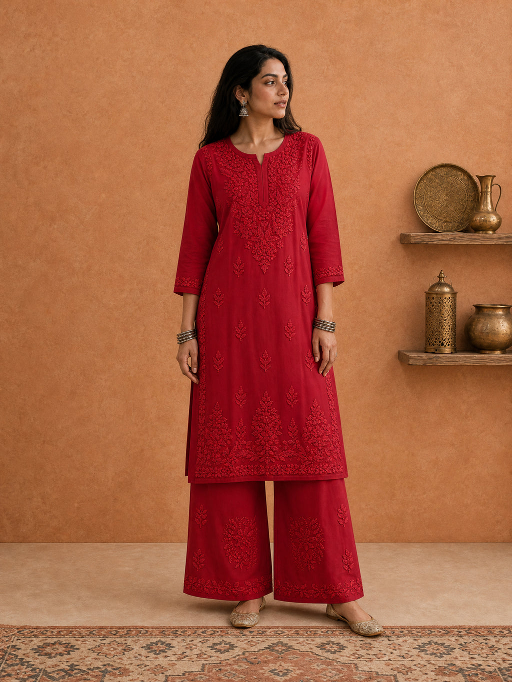 Buy Red Rangat Rayon Chikankari Kurta Set