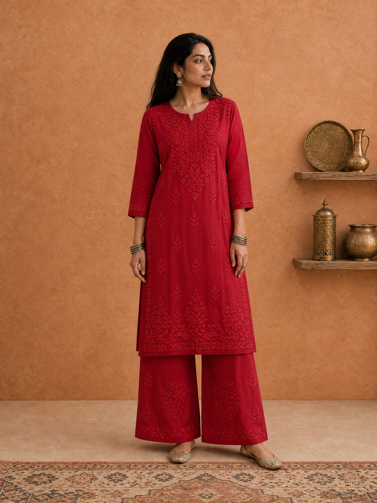 Buy Red Rangat Rayon Chikankari Kurta Set