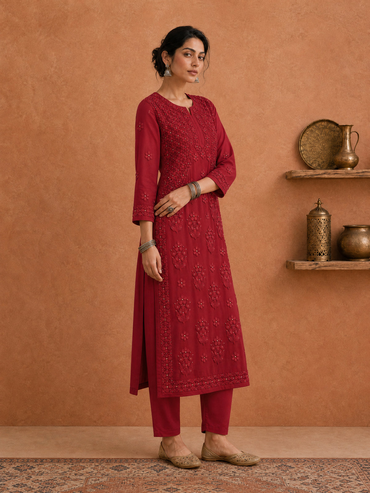 Buy Maroon Utsav Georgette Chikankari Long Kurti