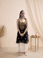 Rayon Chikankari Solid Women's Mid length Kurti - Black (Yellow)