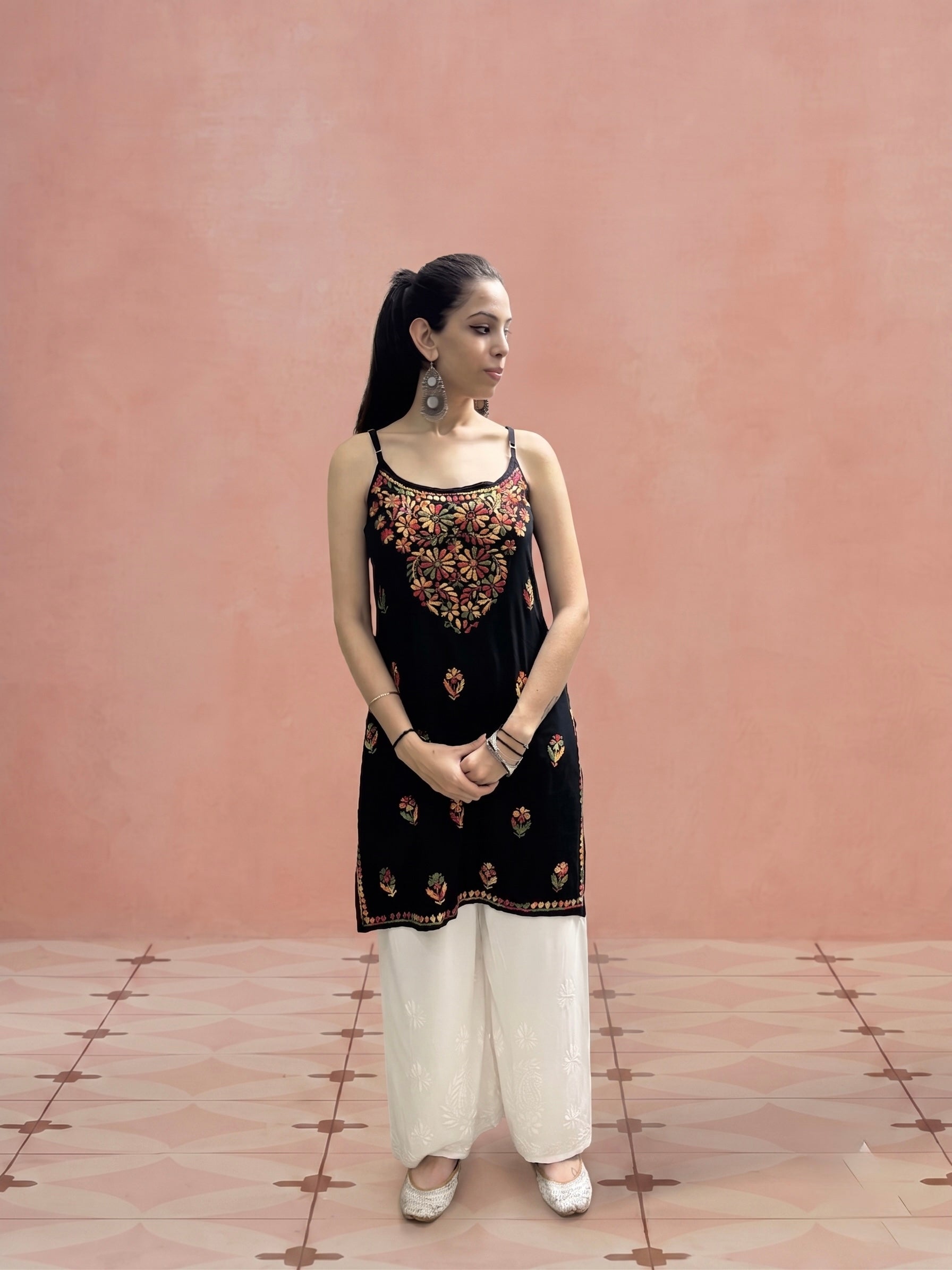 Rayon Chikankari Solid Women's Mid length Kurti - Black (Multi)