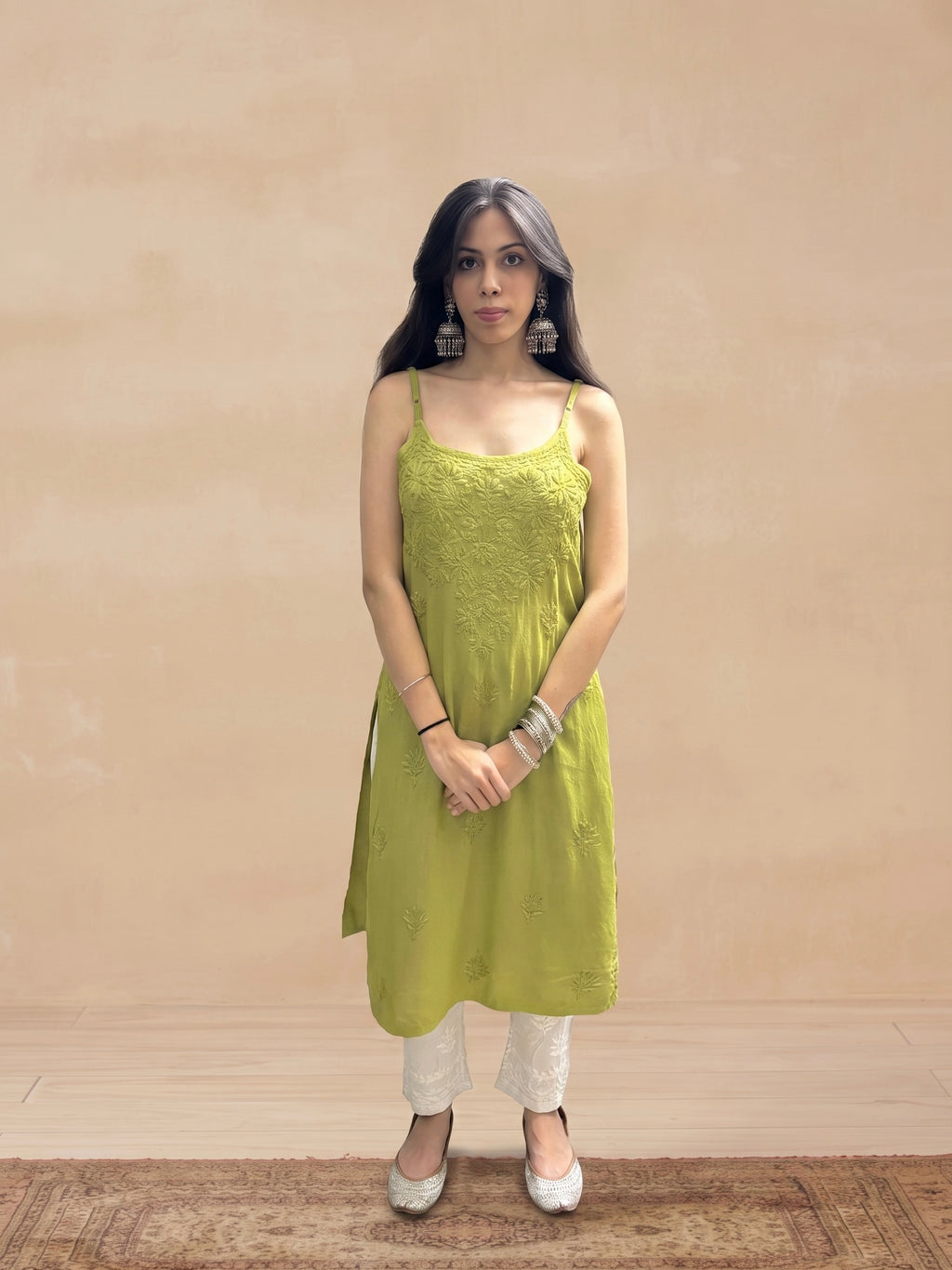 Rayon Chikankari Solid Women's Kurti - Olive Green