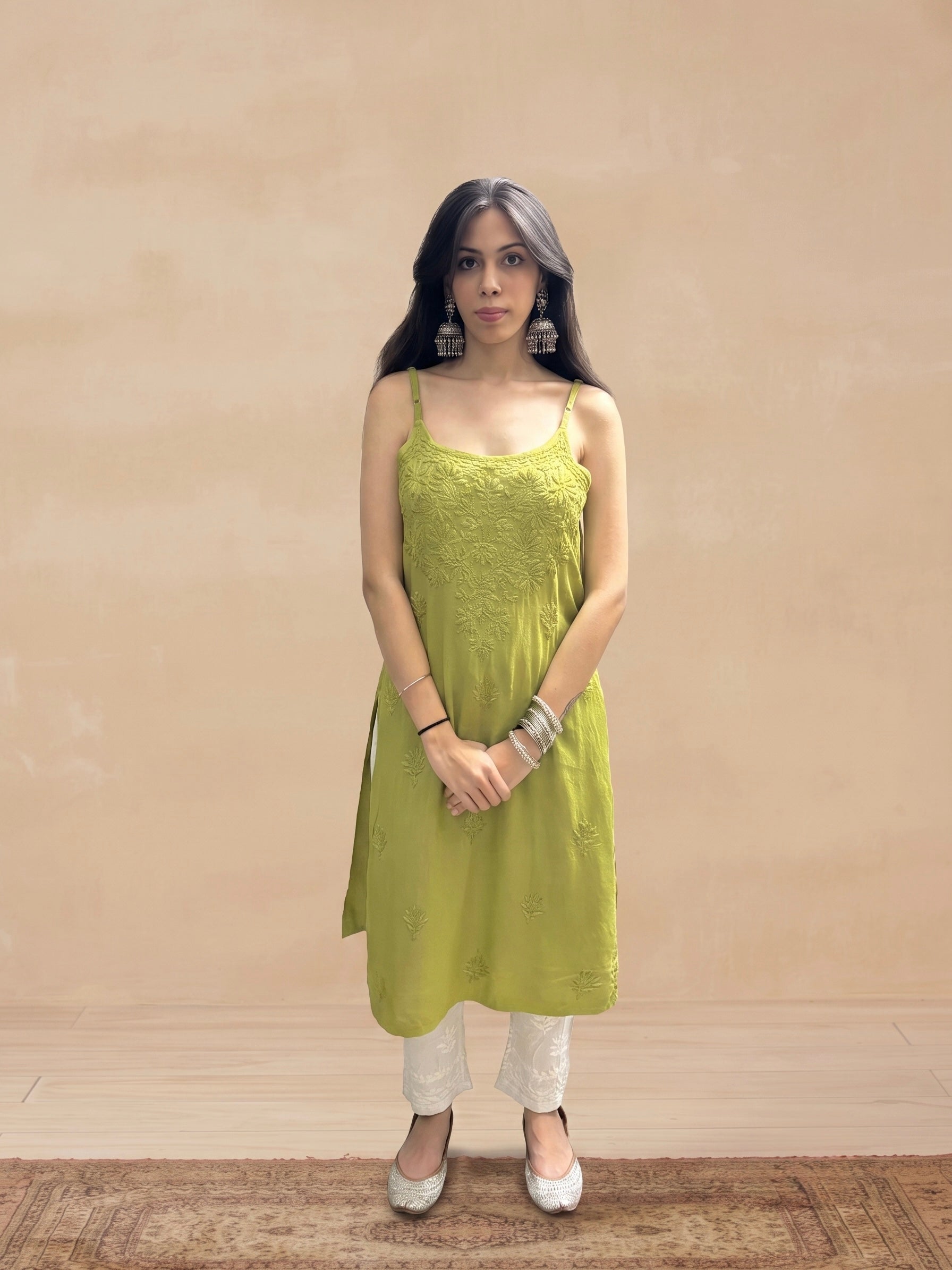 Rayon Chikankari Solid Women's Kurti - Olive Green