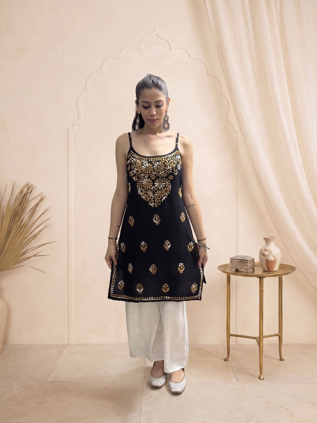Rayon Chikankari Solid Women's Mid length Kurti - Black (Yellow)