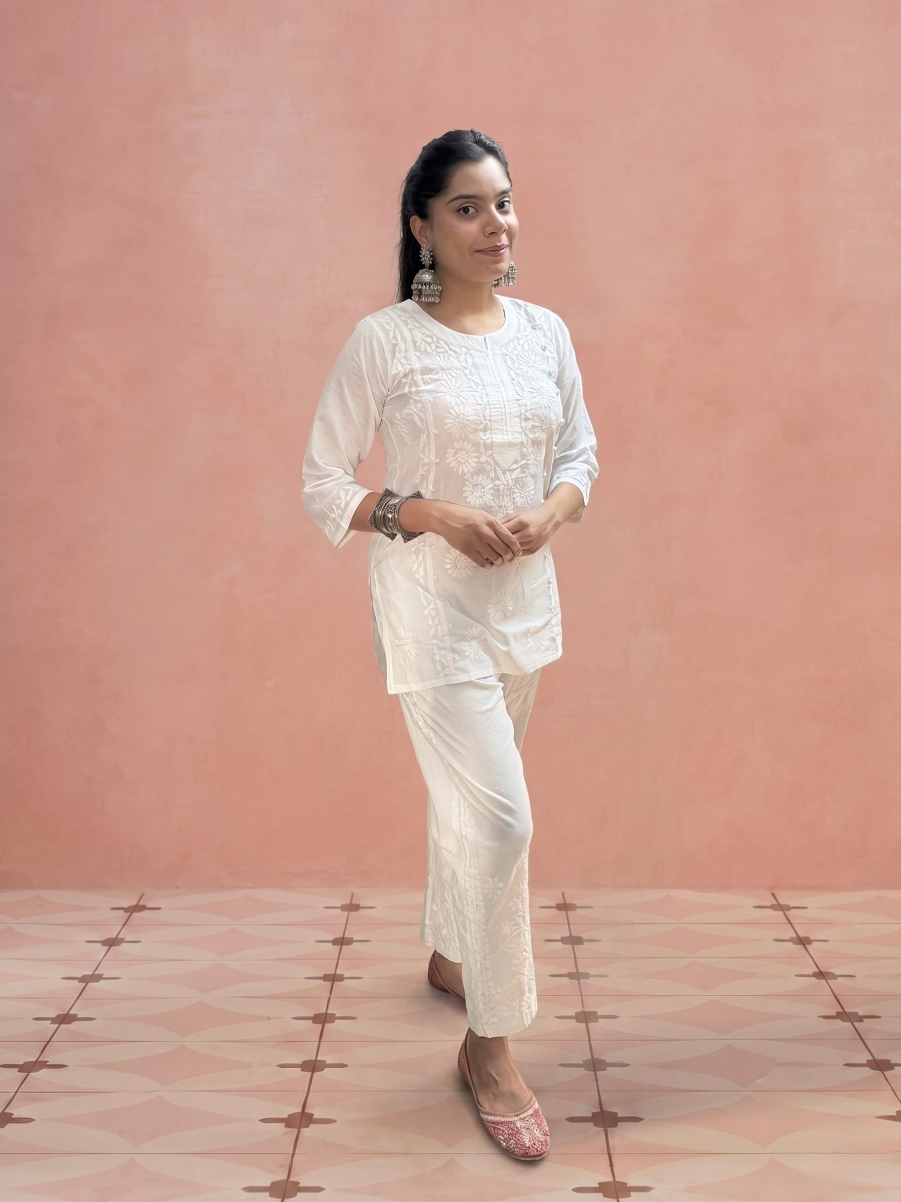 Cotton Chikankari Loopi Design Women's Short Kurta - White