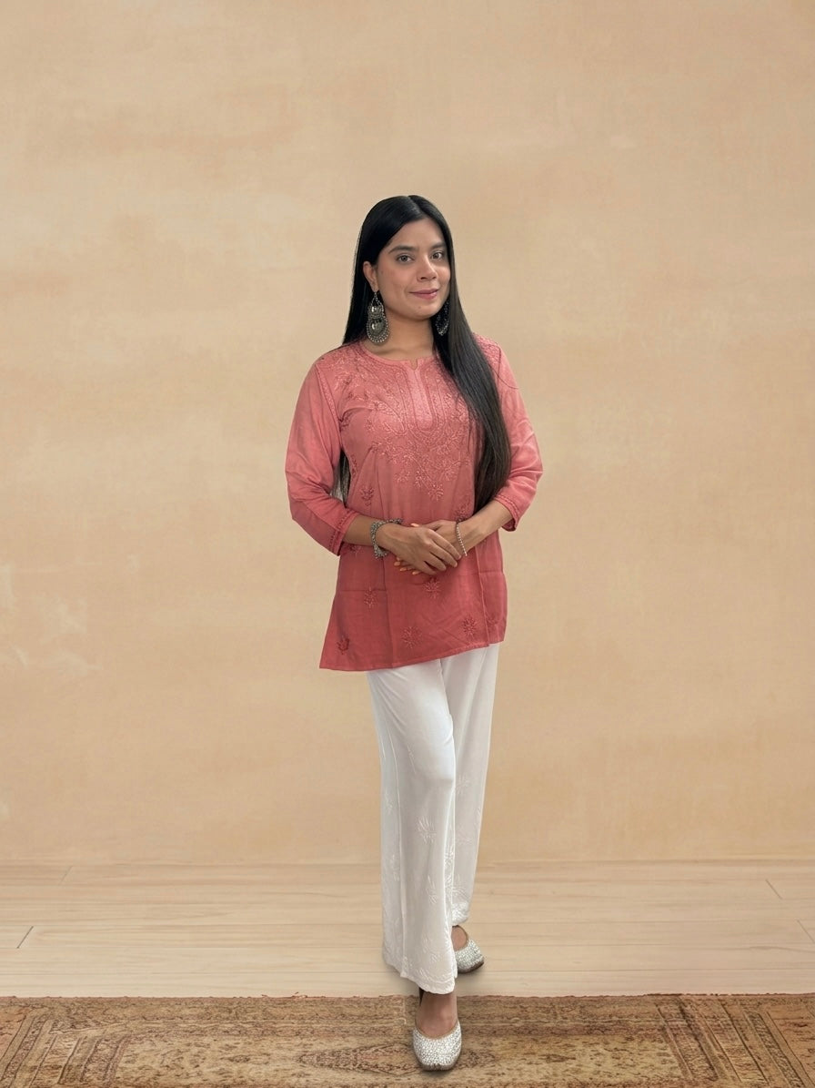 Rayon Chikankari Ombre Women's Short Kurta - Peachish Brown