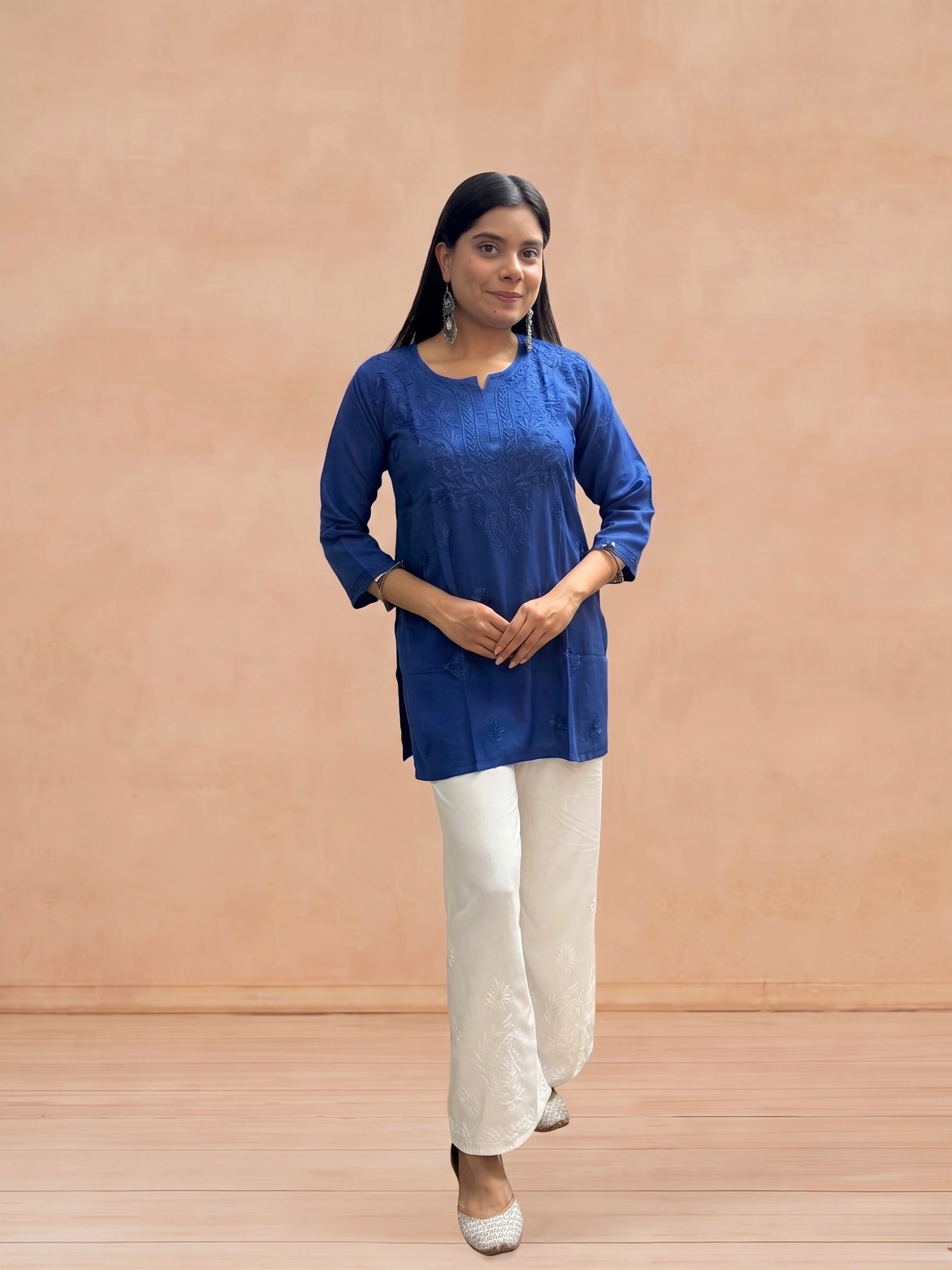 Rayon Chikankari Solid Women's Short Kurta - Blue