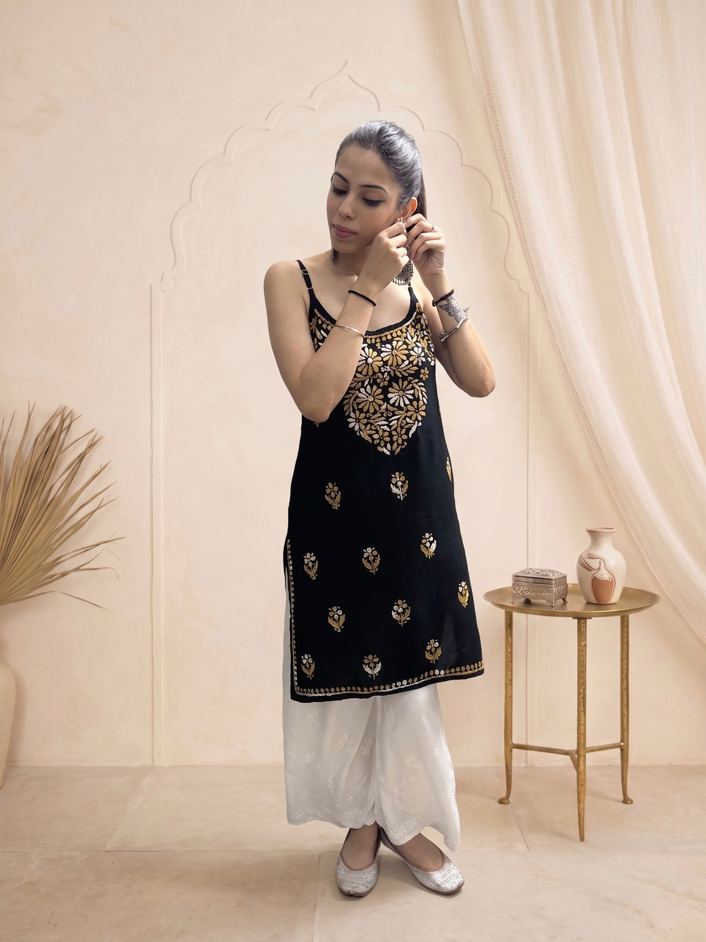 Rayon Chikankari Solid Women's Mid length Kurti - Black (Yellow)
