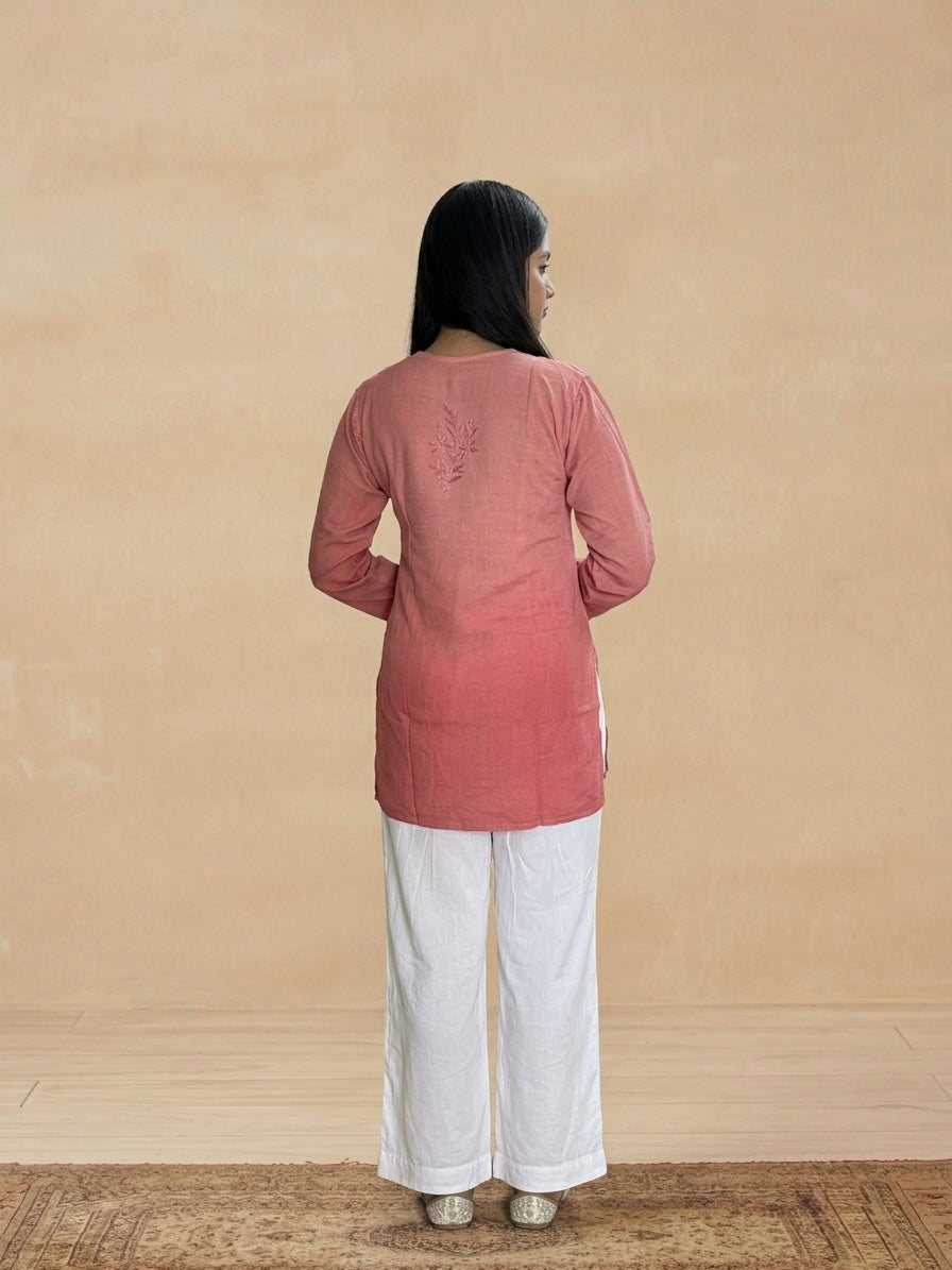Rayon Chikankari Ombre Women's Short Kurta - Peachish Brown