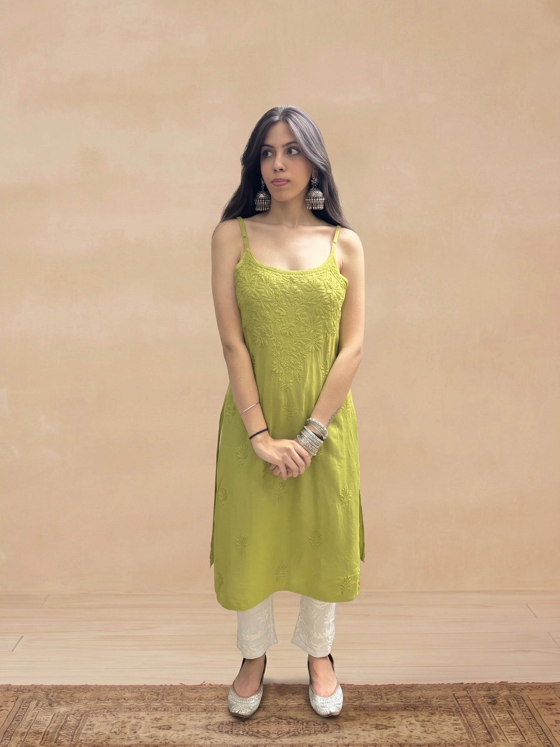 Rayon Chikankari Solid Women's Kurti - Olive Green