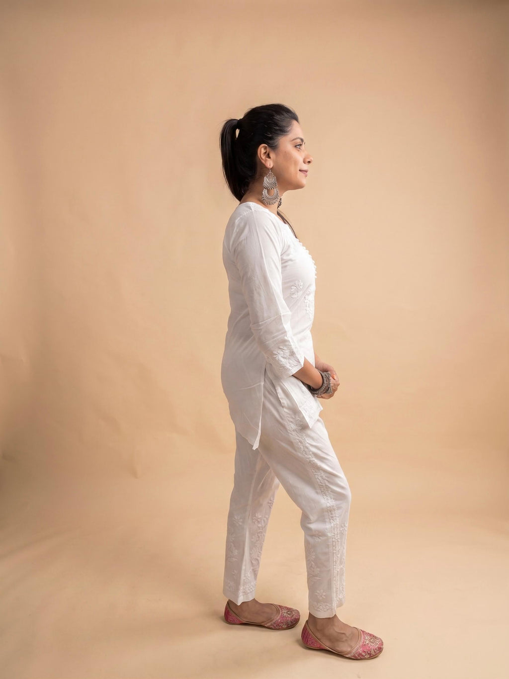 Chikankari Solid Women's 2 PC Co-ord Set - White