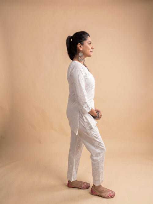 Chikankari Solid Women's 2 PC Co-ord Set - White