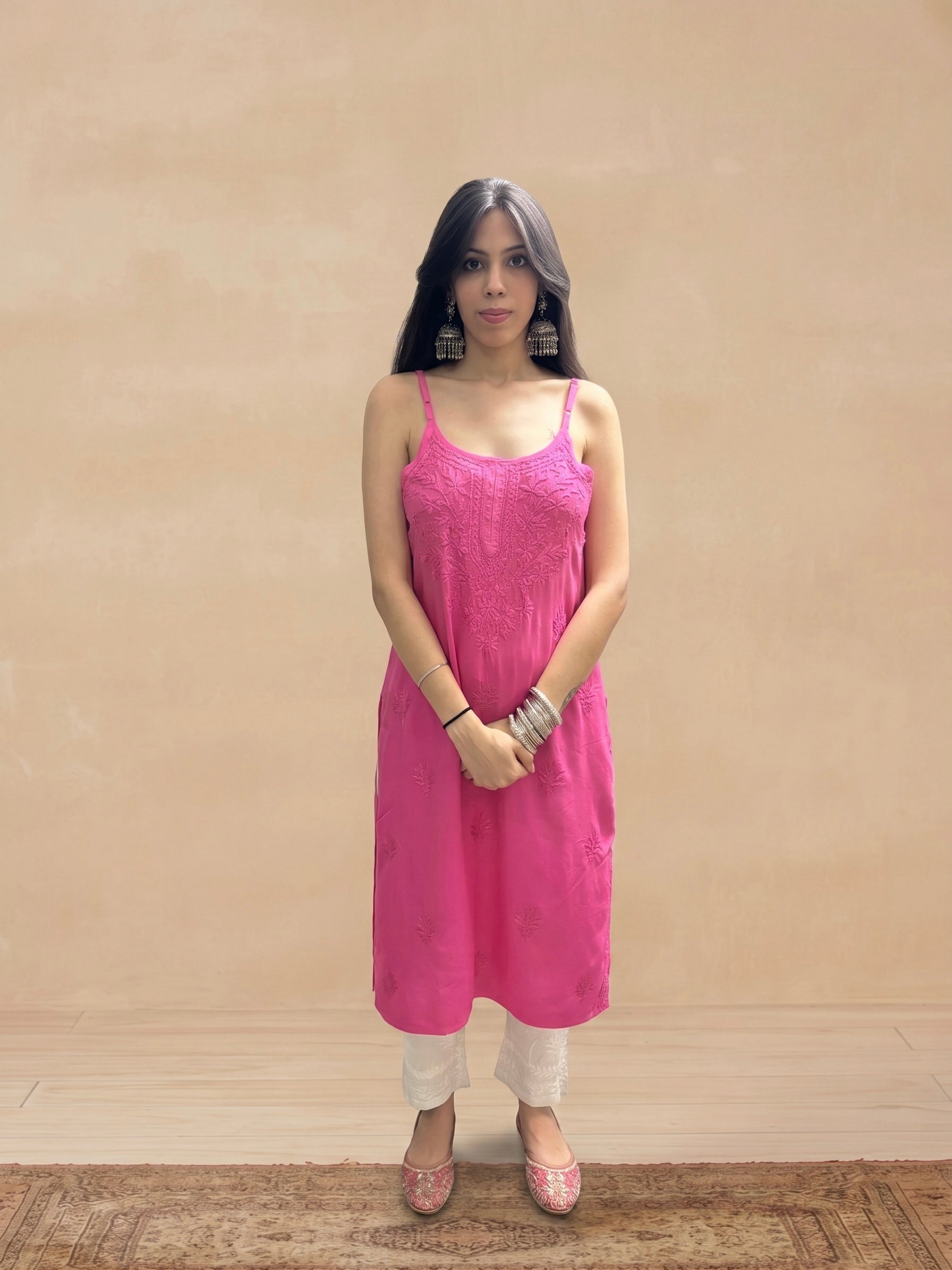 Rayon Chikankari Solid Women's Kurti - Pink