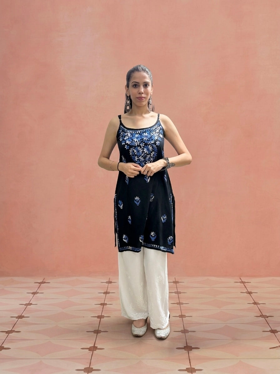 Rayon Chikankari Solid Women's Mid length Kurti - Black (Blue)