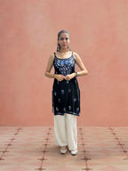 Rayon Chikankari Solid Women's Mid length Kurti - Black (Blue)